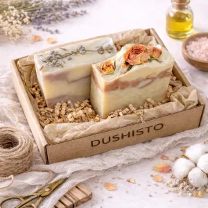 Подарочный набор натурального мыла ручной работы «Лавандовые облака и Шелковое удовольствие» DUSHISTO