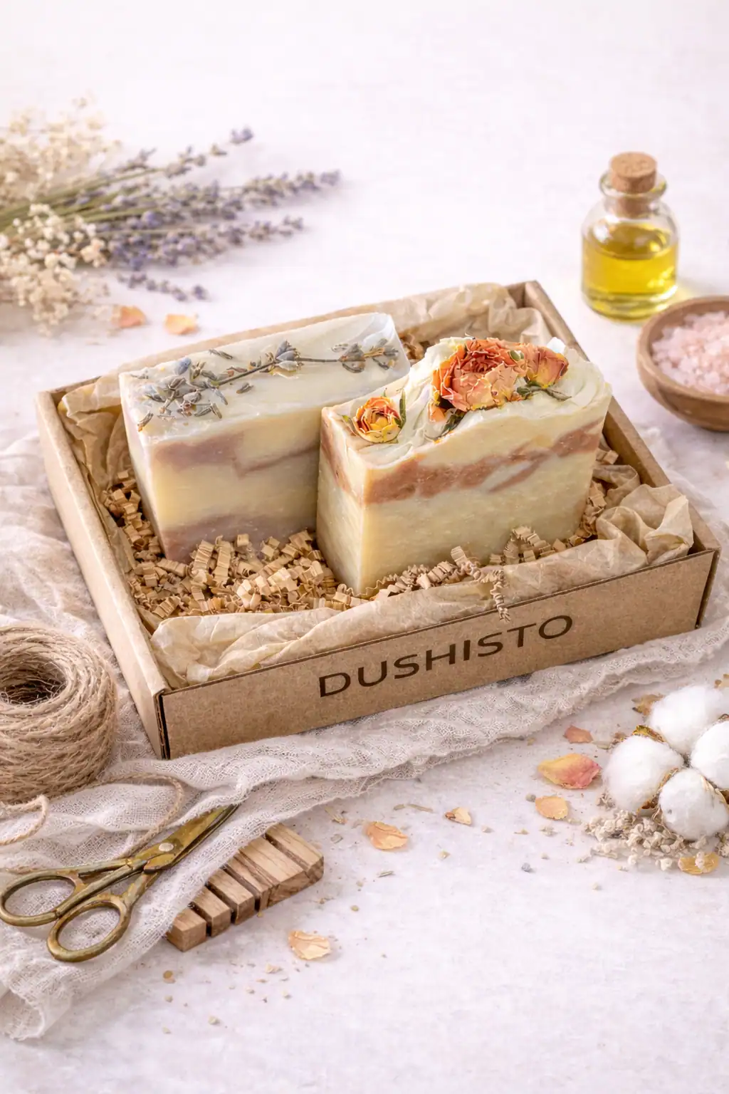 Подарочный набор натурального мыла ручной работы «Лавандовые облака и Шелковое удовольствие» DUSHISTO